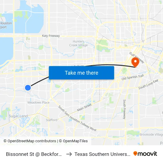 Bissonnet St @ Beckford Dr MB to Texas Southern University REC map