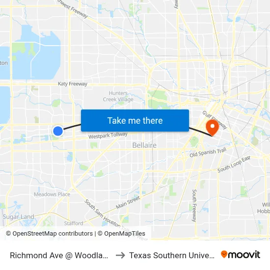 Richmond Ave @ Woodland Park Dr to Texas Southern University REC map