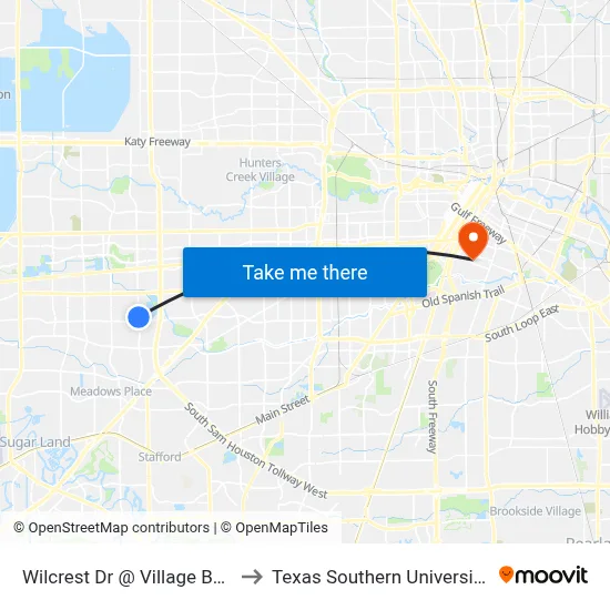 Wilcrest Dr @ Village Bend Ln to Texas Southern University REC map