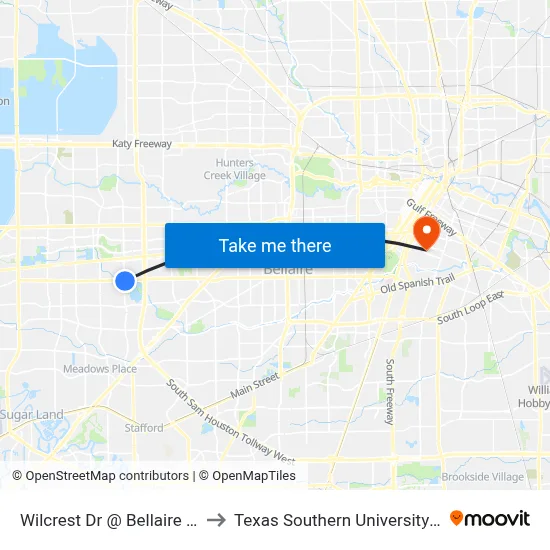 Wilcrest Dr @ Bellaire Blvd to Texas Southern University REC map