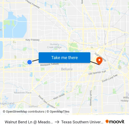 Walnut Bend Ln @ Meadowglen Ln to Texas Southern University REC map