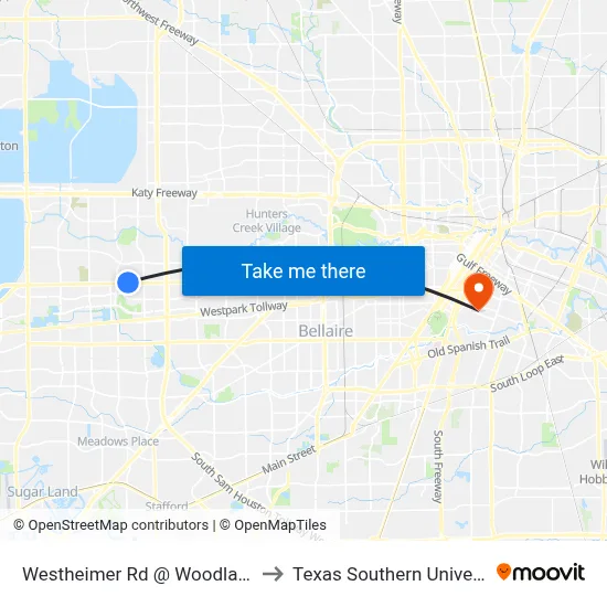 Westheimer Rd @ Woodland Park Dr to Texas Southern University REC map