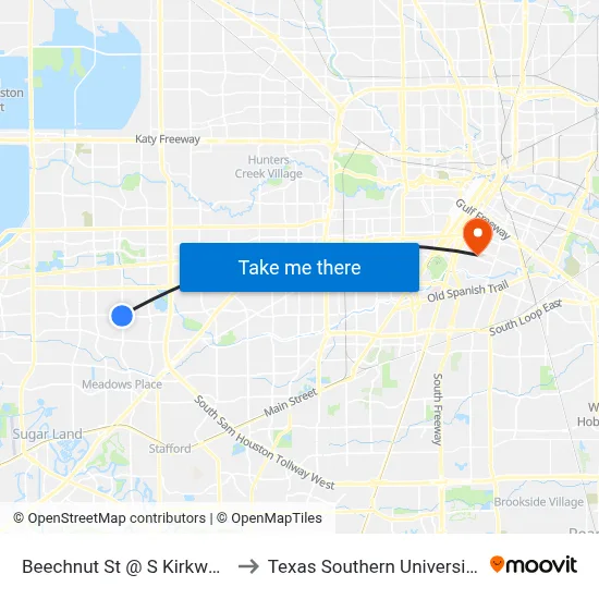 Beechnut St @ S Kirkwood Rd to Texas Southern University REC map