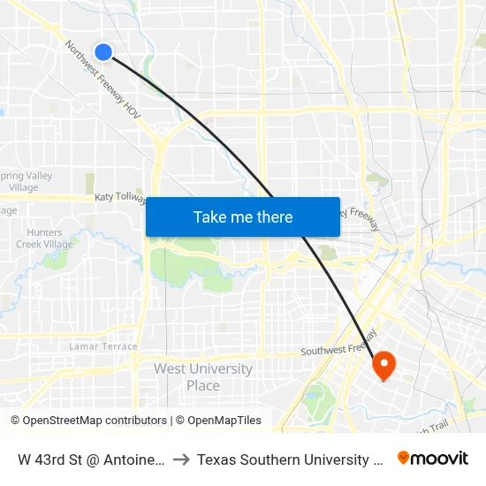 W 43rd St @ Antoine Dr to Texas Southern University REC map