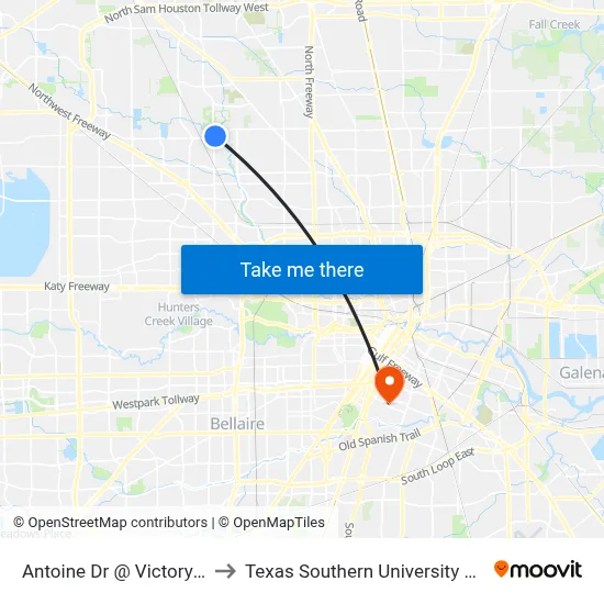 Antoine Dr @ Victory Dr to Texas Southern University REC map