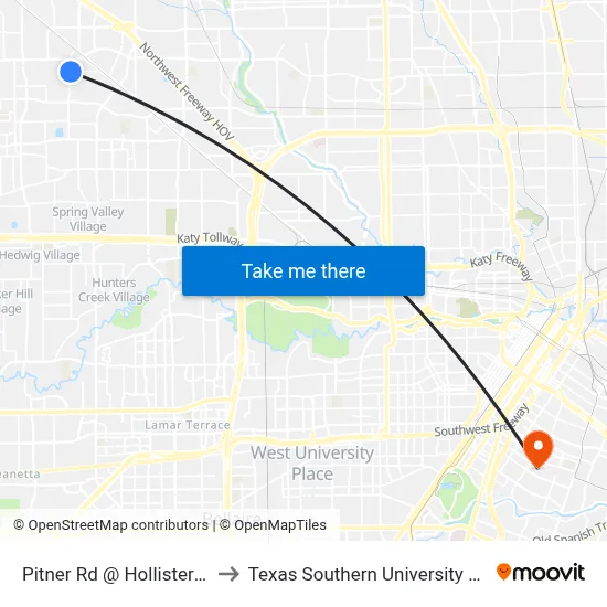 Pitner Rd @ Hollister Rd to Texas Southern University REC map