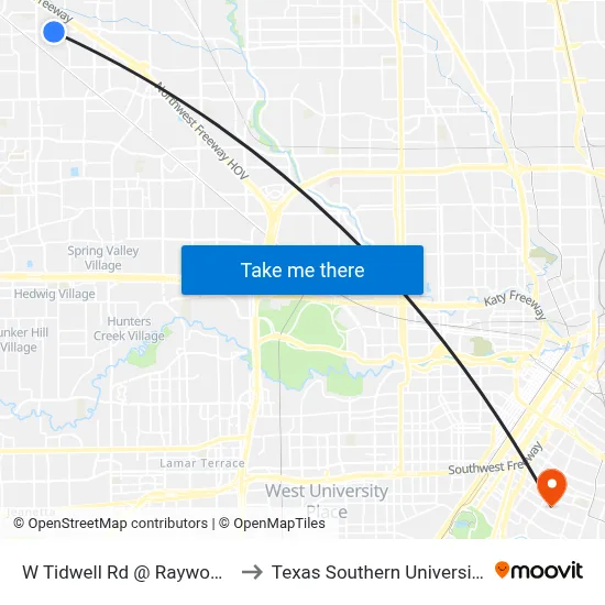 W Tidwell Rd @ Raywood Blvd to Texas Southern University REC map