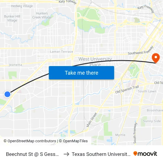 Beechnut St @ S Gessner Rd to Texas Southern University REC map