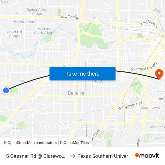 S Gessner Rd @ Clarewood Dr MB to Texas Southern University REC map