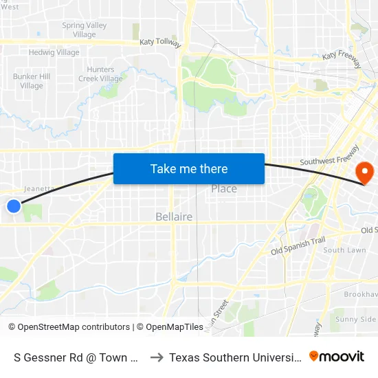 S Gessner Rd @ Town Park Dr to Texas Southern University REC map