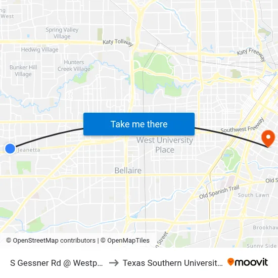 S Gessner Rd @ Westpark Dr to Texas Southern University REC map