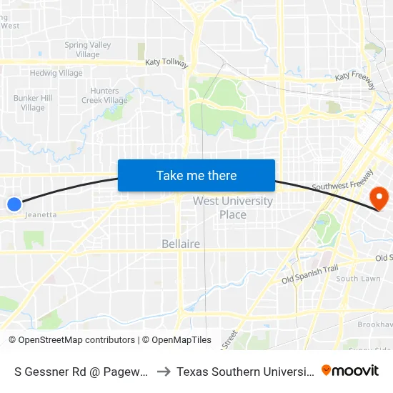 S Gessner Rd @ Pagewood Ln to Texas Southern University REC map