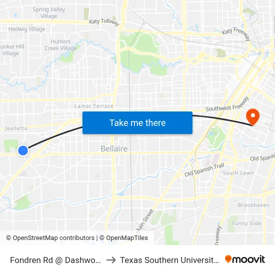 Fondren Rd @ Dashwood Dr to Texas Southern University REC map