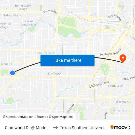 Clarewood Dr @ Marinette Dr to Texas Southern University REC map
