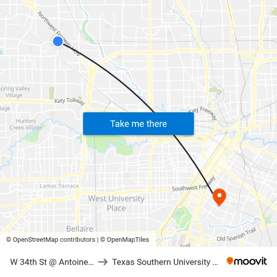 W 34th St @ Antoine Dr to Texas Southern University REC map