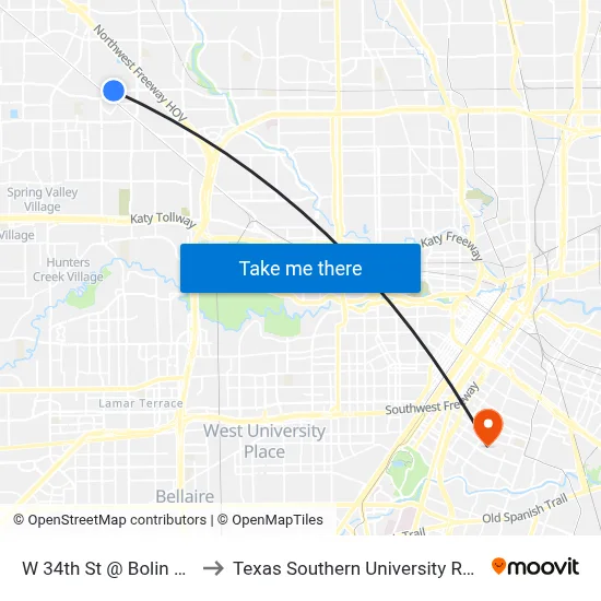 W 34th St @ Bolin Rd to Texas Southern University REC map