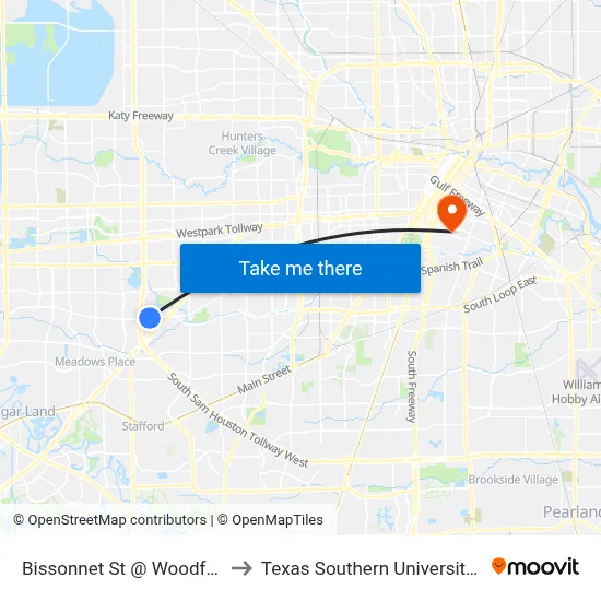 Bissonnet St @ Woodfair Dr to Texas Southern University REC map