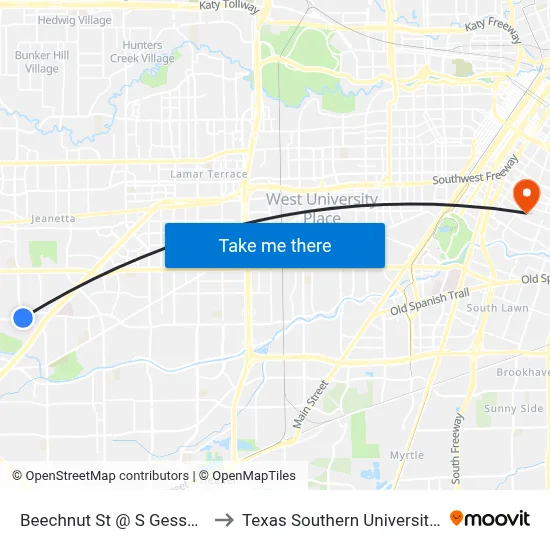 Beechnut St @ S Gessner Rd to Texas Southern University REC map