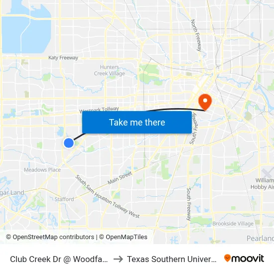 Club Creek Dr @ Woodfair Dr MB to Texas Southern University REC map