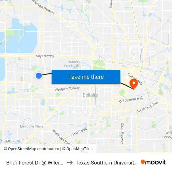 Briar Forest Dr @ Wilcrest Dr to Texas Southern University REC map