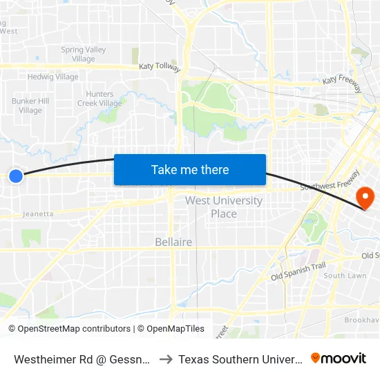 Westheimer Rd @ Gessner Rd MB to Texas Southern University REC map