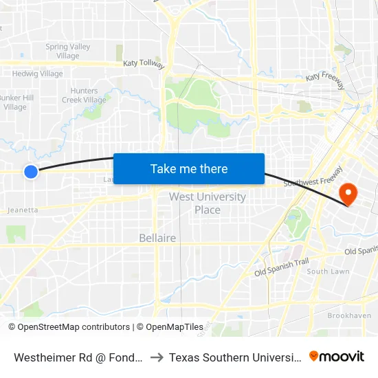 Westheimer Rd @ Fondren Rd to Texas Southern University REC map