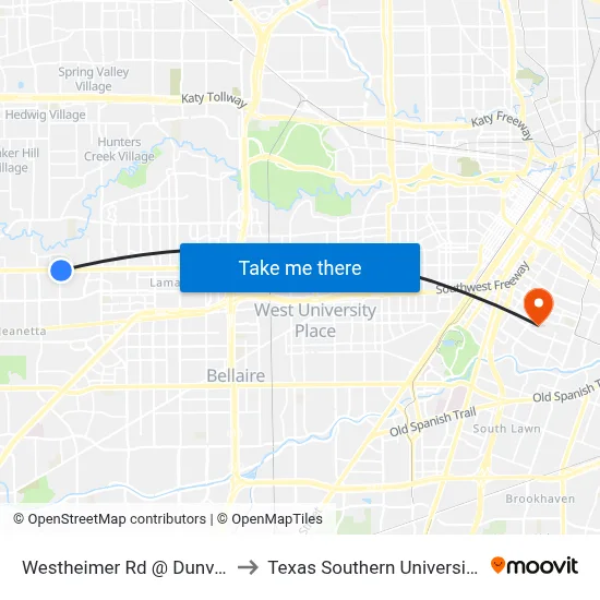 Westheimer Rd @ Dunvale Rd to Texas Southern University REC map