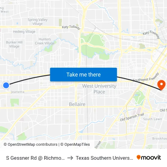 S Gessner Rd @ Richmond Ave to Texas Southern University REC map