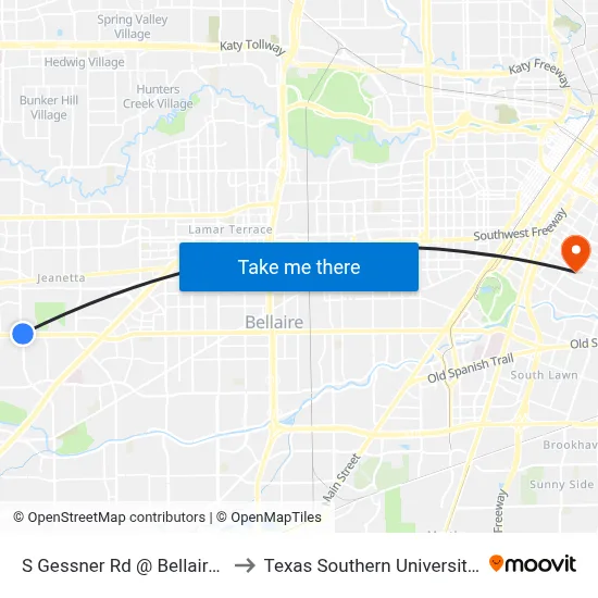 S Gessner Rd @ Bellaire Blvd to Texas Southern University REC map