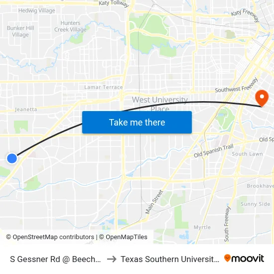 S Gessner Rd @ Beechnut St to Texas Southern University REC map