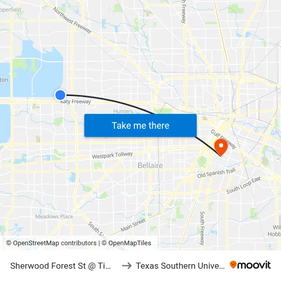 Sherwood Forest St @ Timberline Rd to Texas Southern University REC map