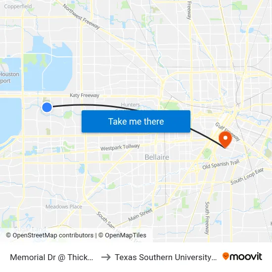 Memorial Dr @ Thicket Ln to Texas Southern University REC map