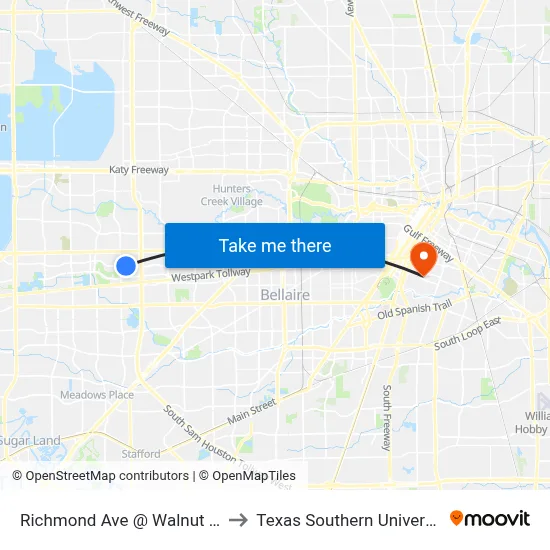 Richmond Ave @ Walnut Bend Ln to Texas Southern University REC map