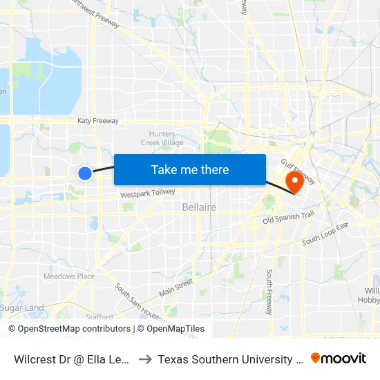 Wilcrest Dr @ Ella Lee Ln to Texas Southern University REC map
