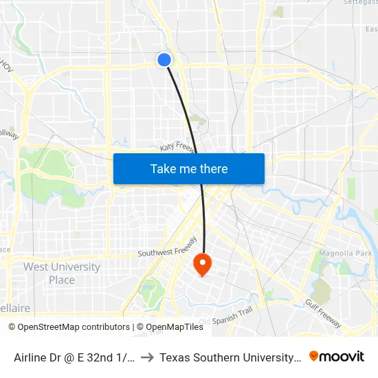 Airline Dr @ E 32nd 1/2 St to Texas Southern University REC map