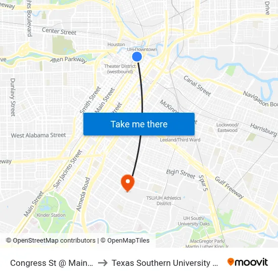 Congress St @ Main St to Texas Southern University REC map