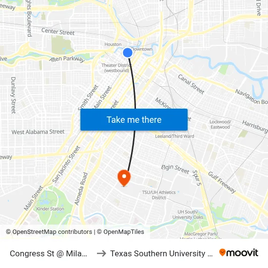 Congress St @ Milam St to Texas Southern University REC map