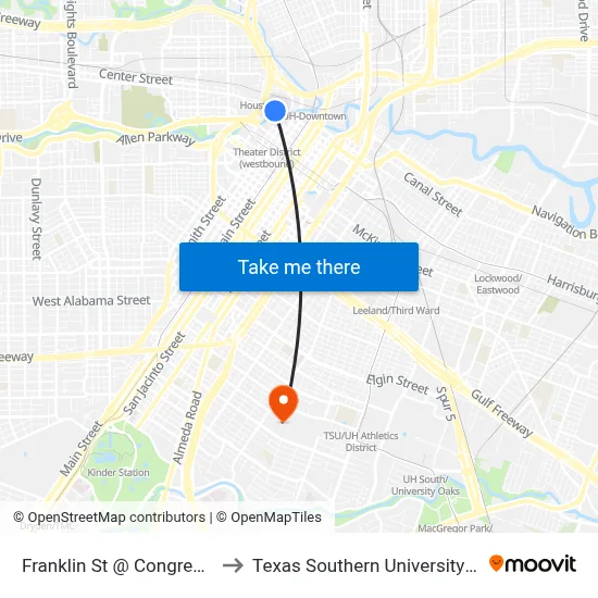 Franklin St @ Congress St to Texas Southern University REC map