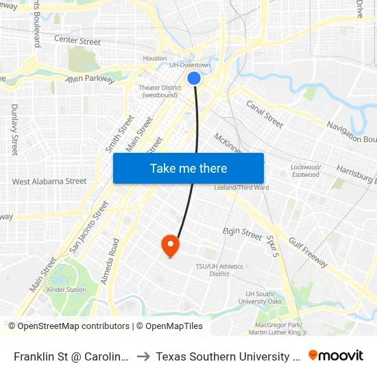 Franklin St @ Caroline St to Texas Southern University REC map