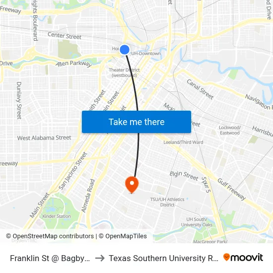 Franklin St @ Bagby St to Texas Southern University REC map