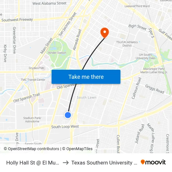 Holly Hall St @ El Mundo to Texas Southern University REC map