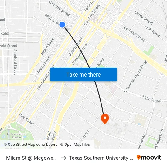 Milam St @ Mcgowen St to Texas Southern University REC map
