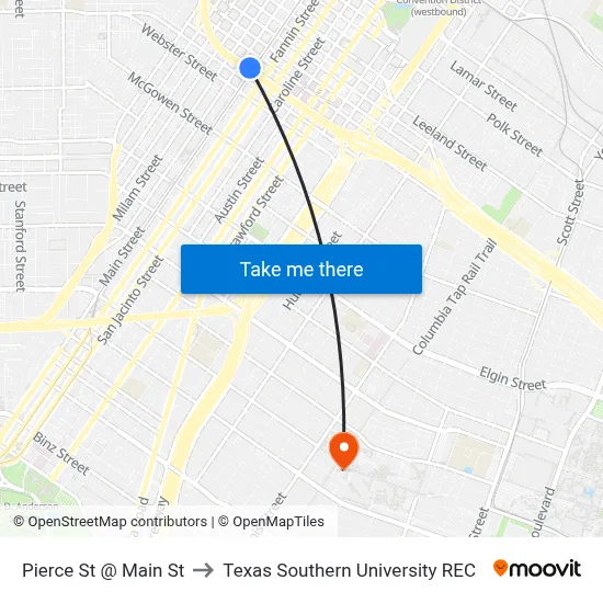 Pierce St @ Main St to Texas Southern University REC map