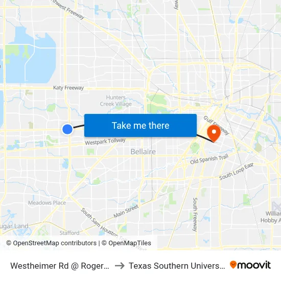 Westheimer Rd @ Rogerdale Rd to Texas Southern University REC map