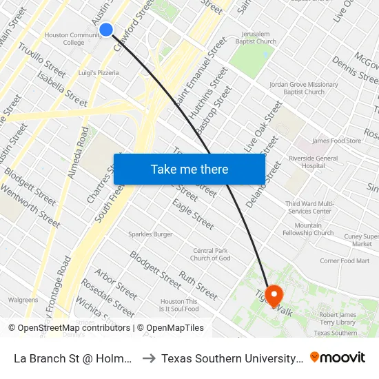 La Branch St @ Holman St to Texas Southern University REC map
