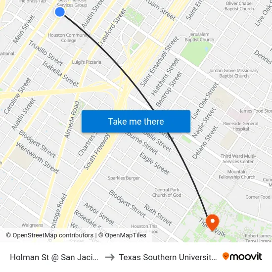 Holman St @ San Jacinto St to Texas Southern University REC map
