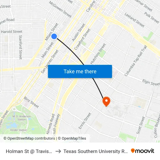 Holman St @ Travis St to Texas Southern University REC map