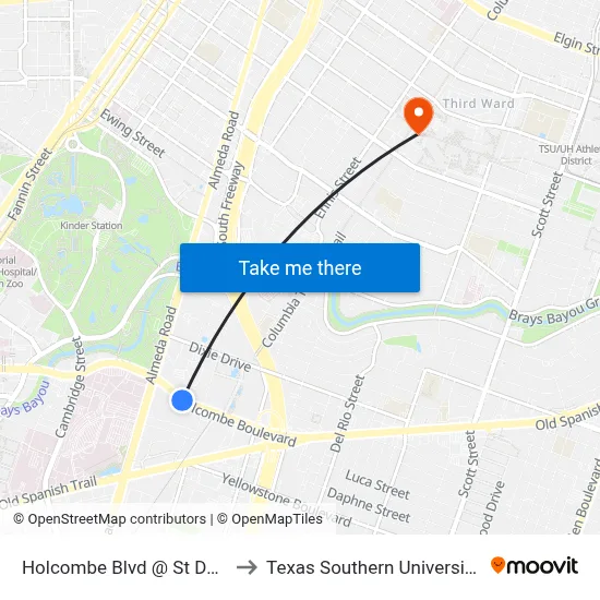 Holcombe Blvd @ St Dominic to Texas Southern University REC map