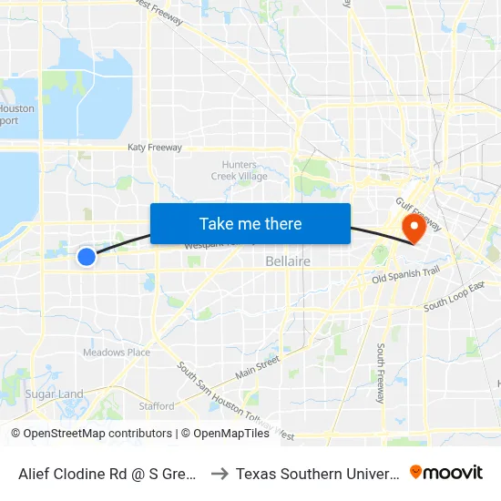 Alief Clodine Rd @ S Greenpark Dr to Texas Southern University REC map