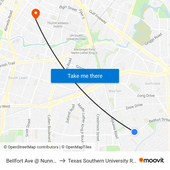 Bellfort Ave @ Nunn St to Texas Southern University REC map